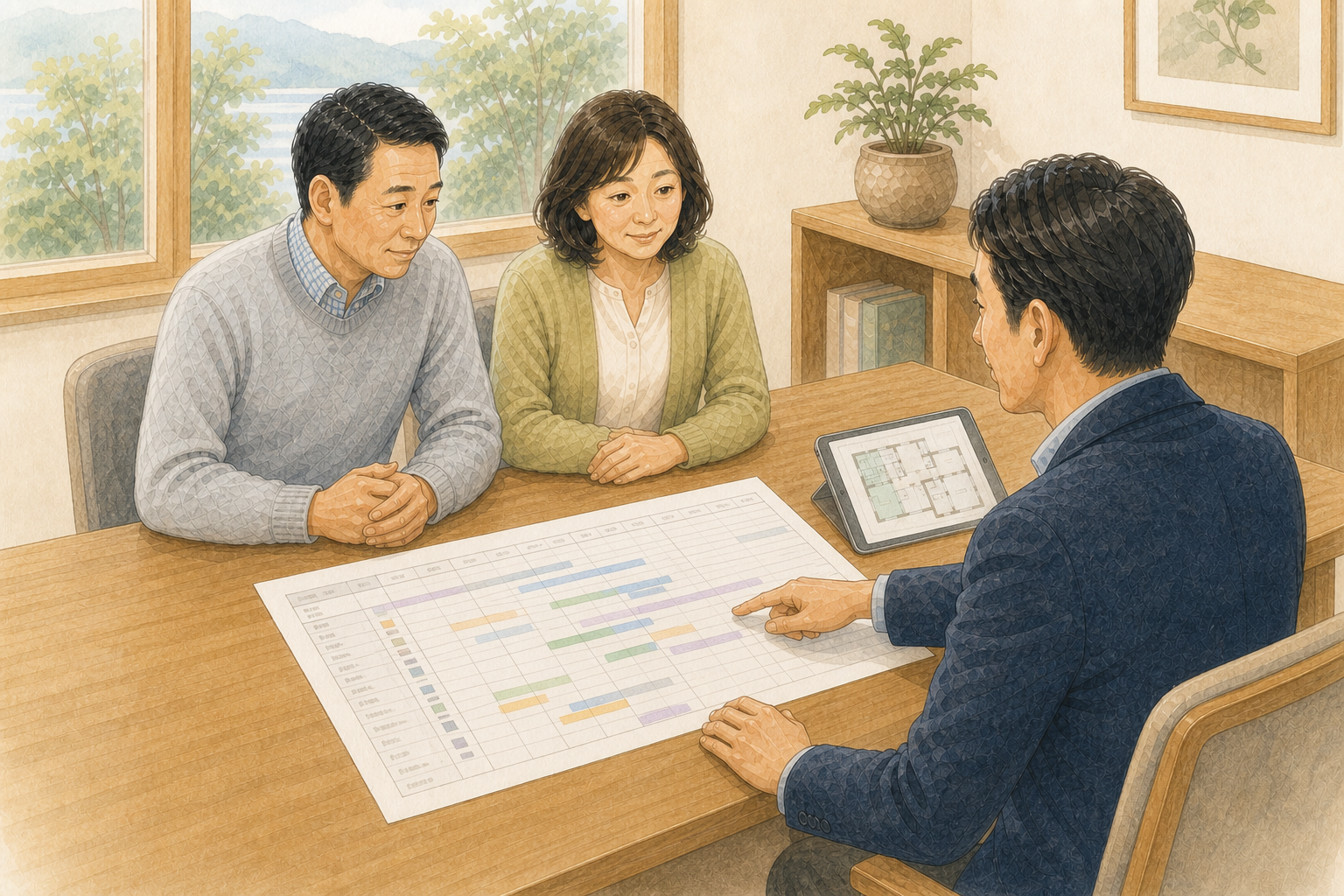 工程表を広げて、お客様ご夫婦に工事の予定を説明しているスタッフ