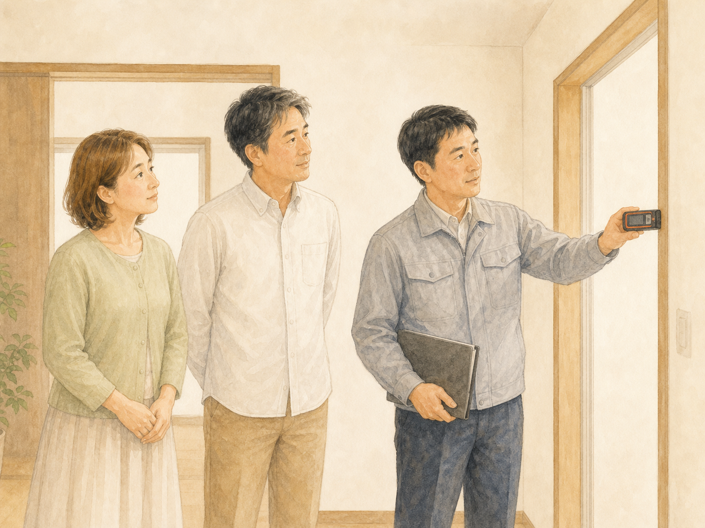 お客様ご夫婦と一緒に室内を見て回り、寸法を測っているスタッフ