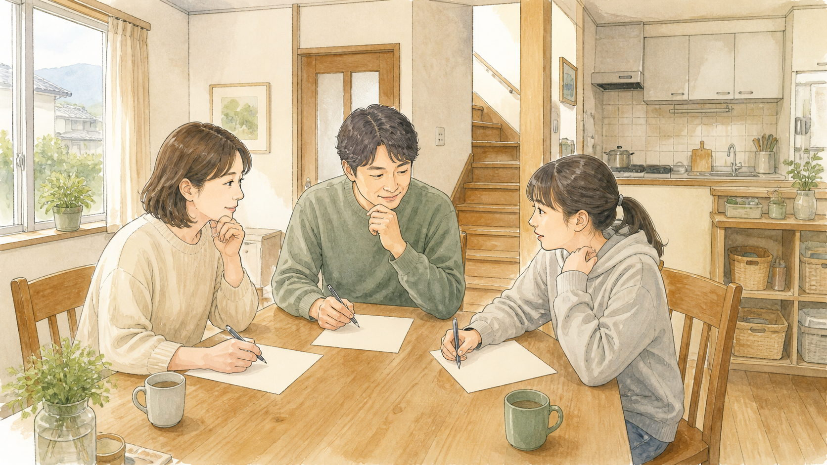 ダイニングテーブルで家族3人が、家の困りごとを紙に書き出しながら話し合っている様子