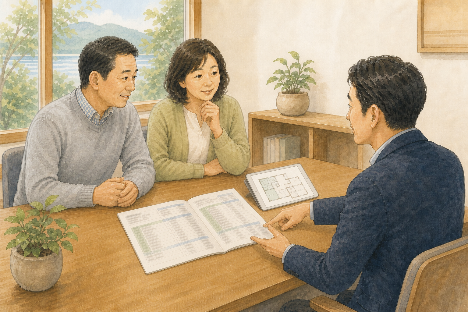 打ち合わせテーブルで、見積書を広げてお客様ご夫婦に説明しているスタッフ