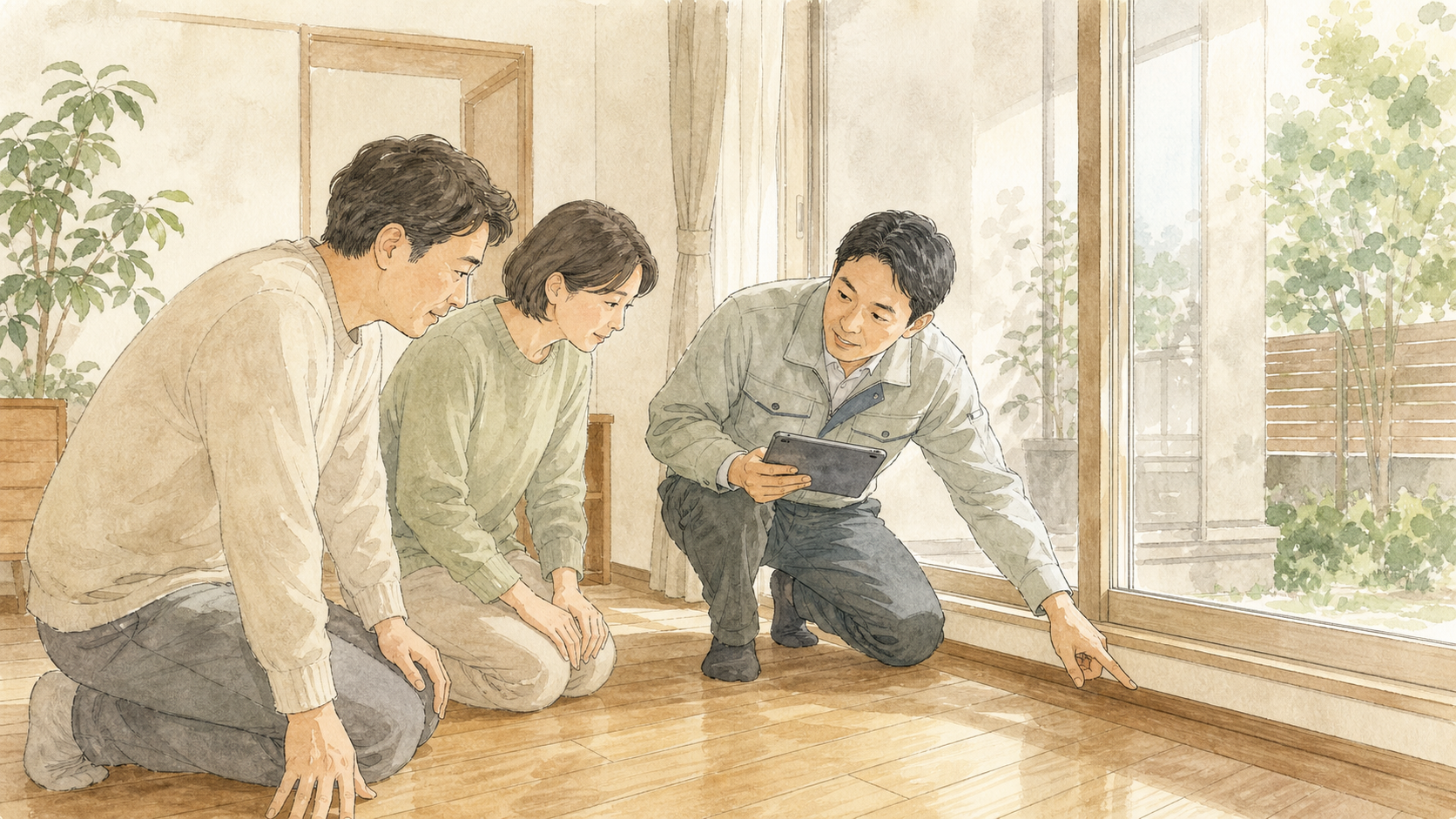 窓際の床の状態を、お客様ご夫婦と担当者が一緒にしゃがんで確認している様子