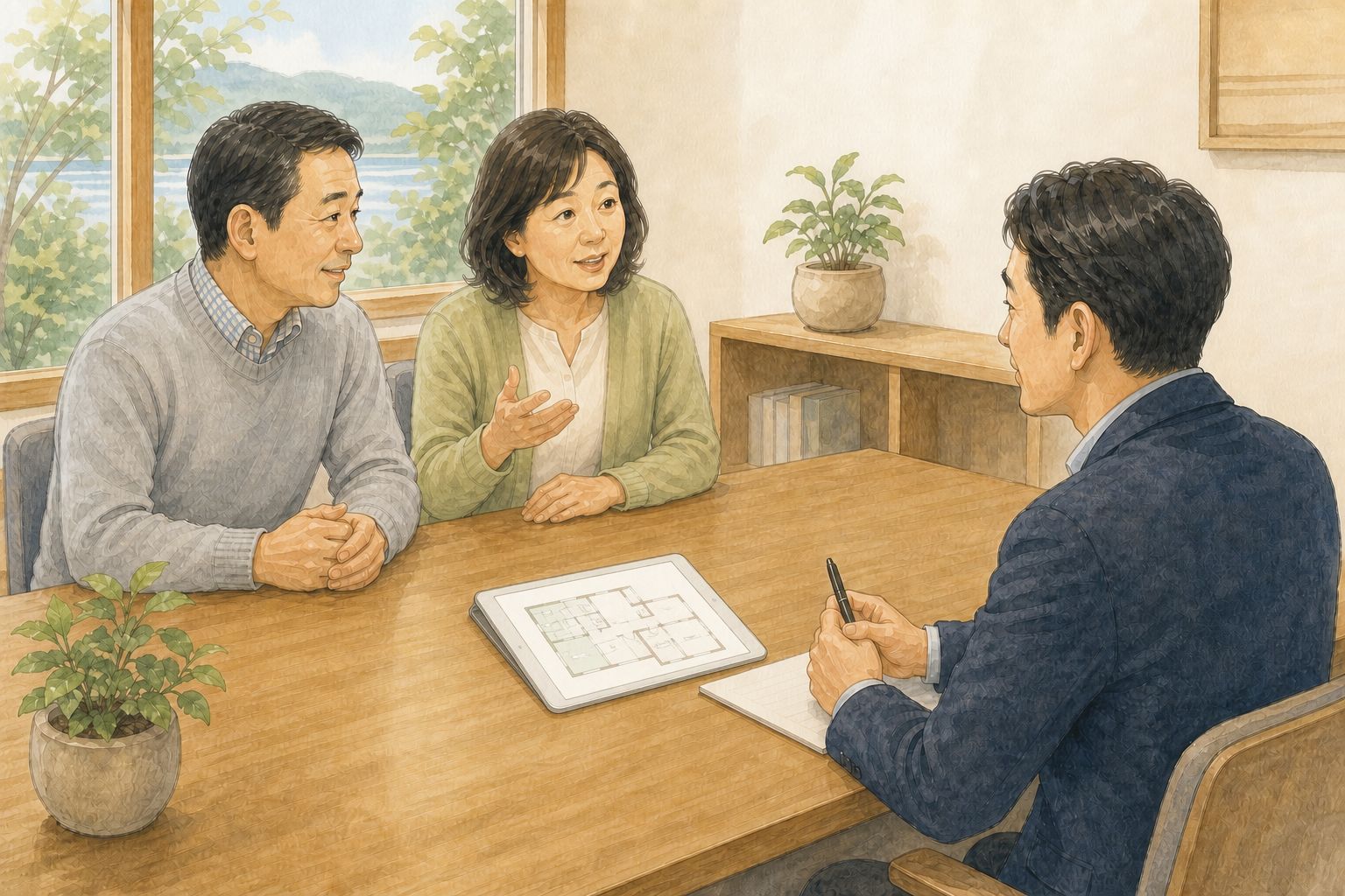 間取り図を見ながら、お客様ご夫婦と打ち合わせをしている様子