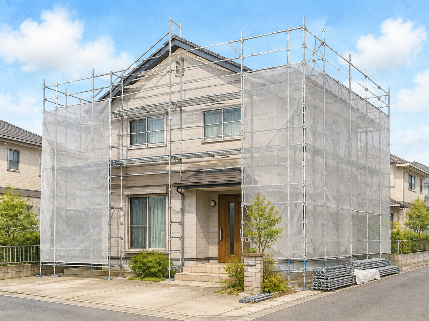 足場を組んで養生シートをかけた、外壁と屋根の塗装工事中の住宅