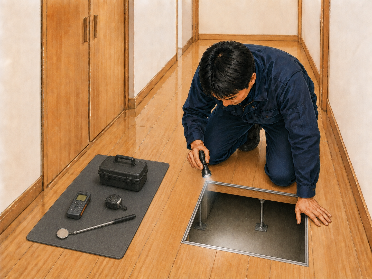 床下点検口を開けて中をのぞき込み、木材の状態を確認しているところ