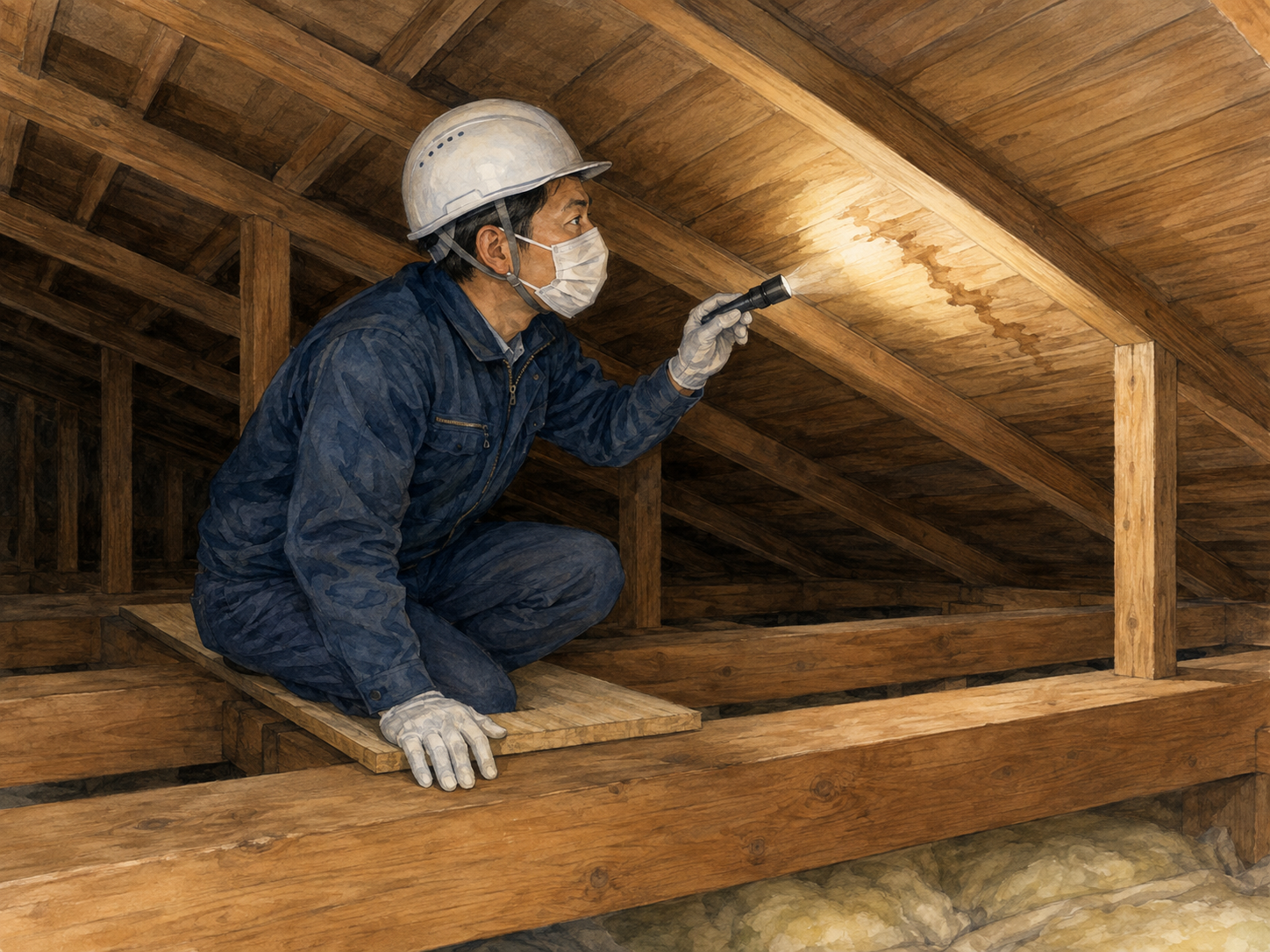 屋根裏に入り、木材に残る水の跡を点検している様子