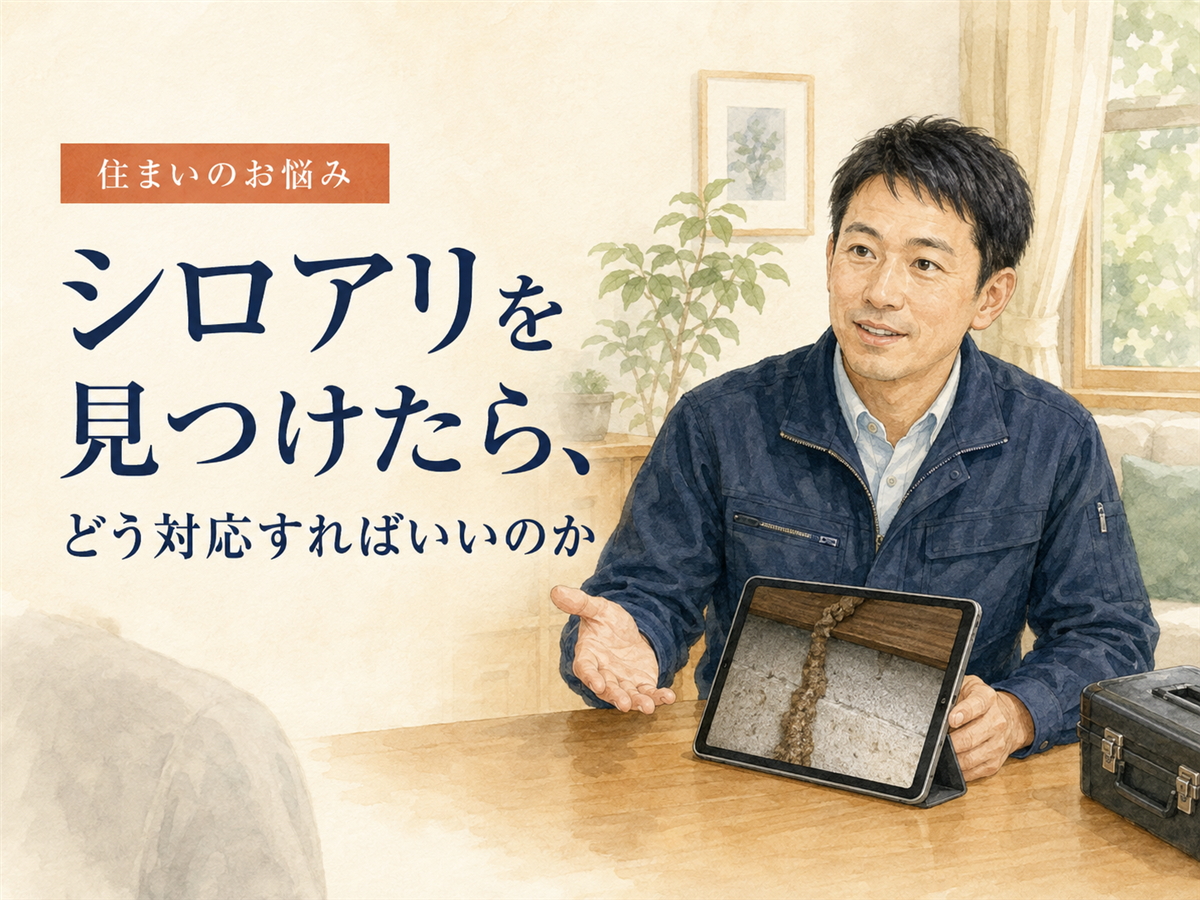 床下に入り、ライトを当ててシロアリの被害を点検する様子