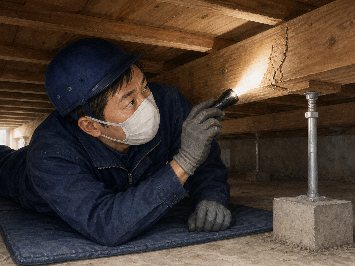床下でライトを当てて木材の状態を確認しているところ