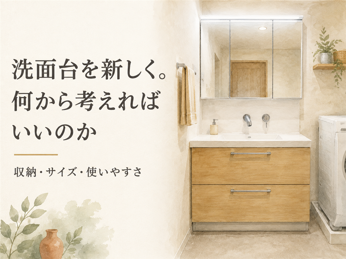 床と壁紙もあわせて張り替えた施工後の洗面化粧台