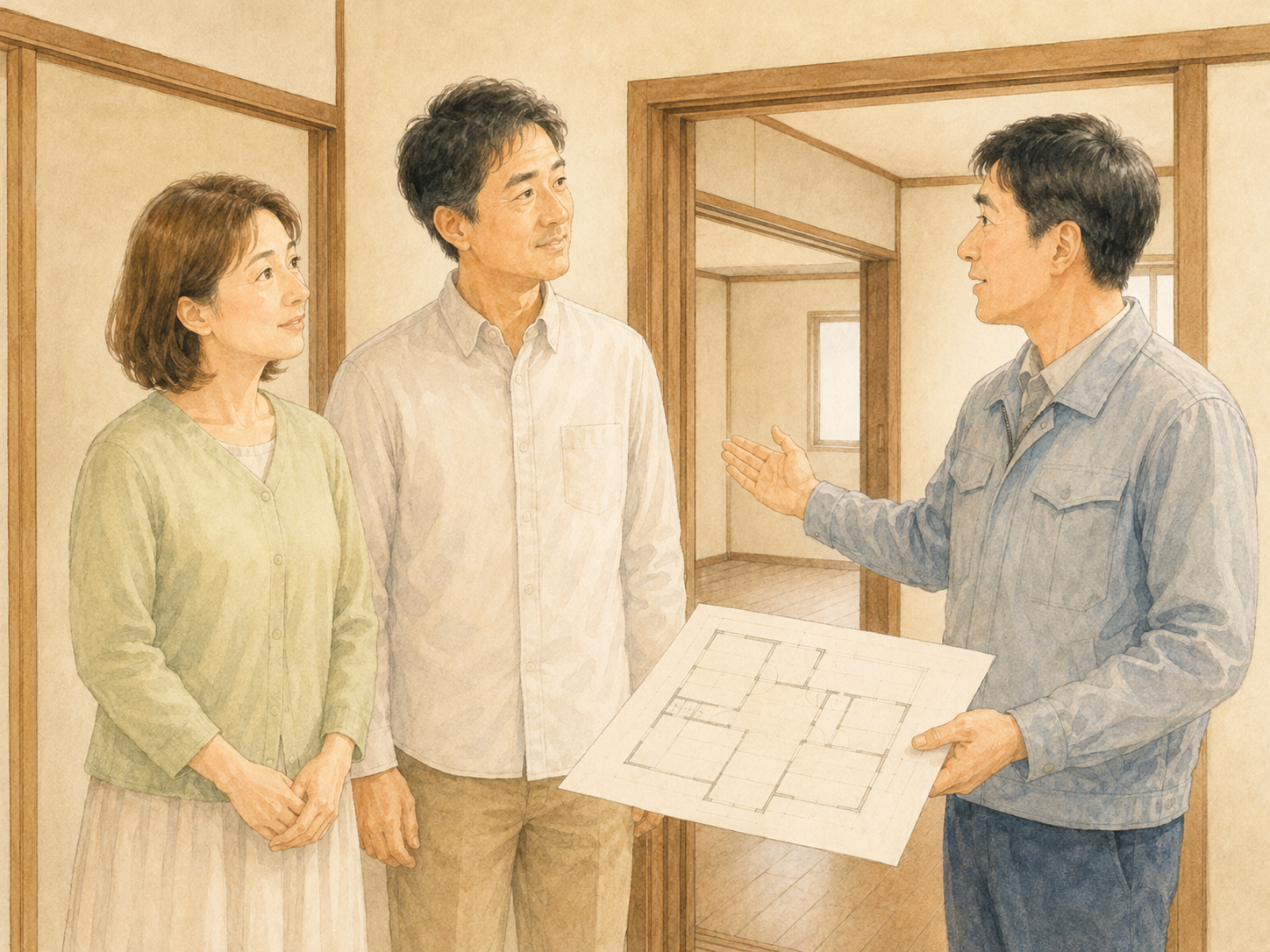 お客様と一緒に中古住宅を内見して室内を確認しているところ