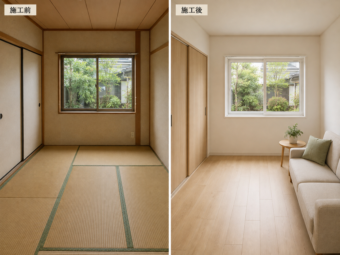 和室から洋室へリフォームした施工前と施工後の比較