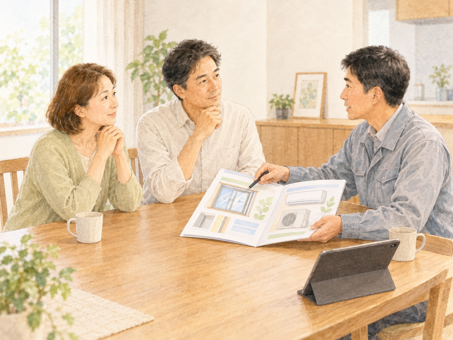 資料を見ながらお客様に補助金制度を説明している様子